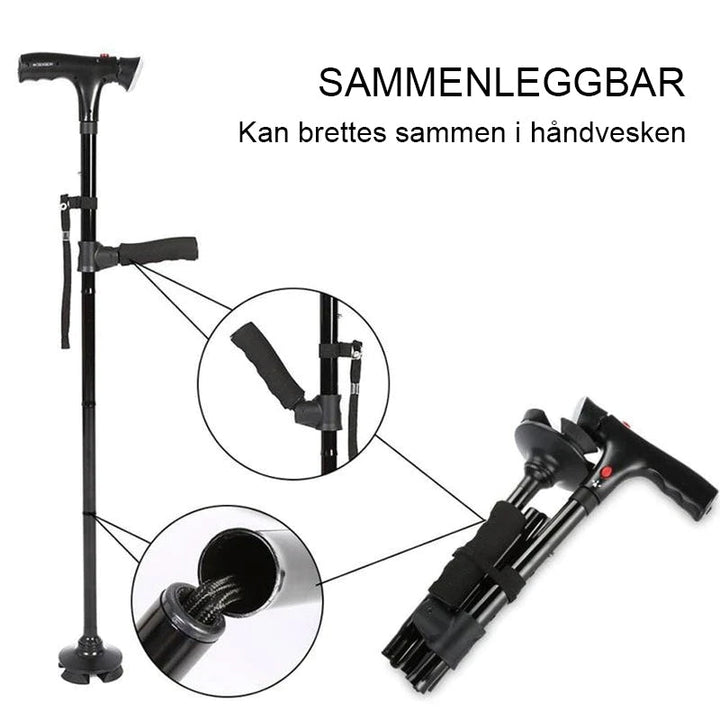 Justerbar teleskopisk stokk gir solid støtte og balanse for eldre. Med LED-lys og alarm for mobilitet og sikkerhet.
