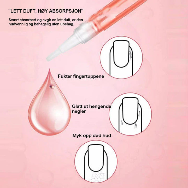 Applikator med negleolje som påføres neglebånd for optimal neglepleie og fuktighet.
