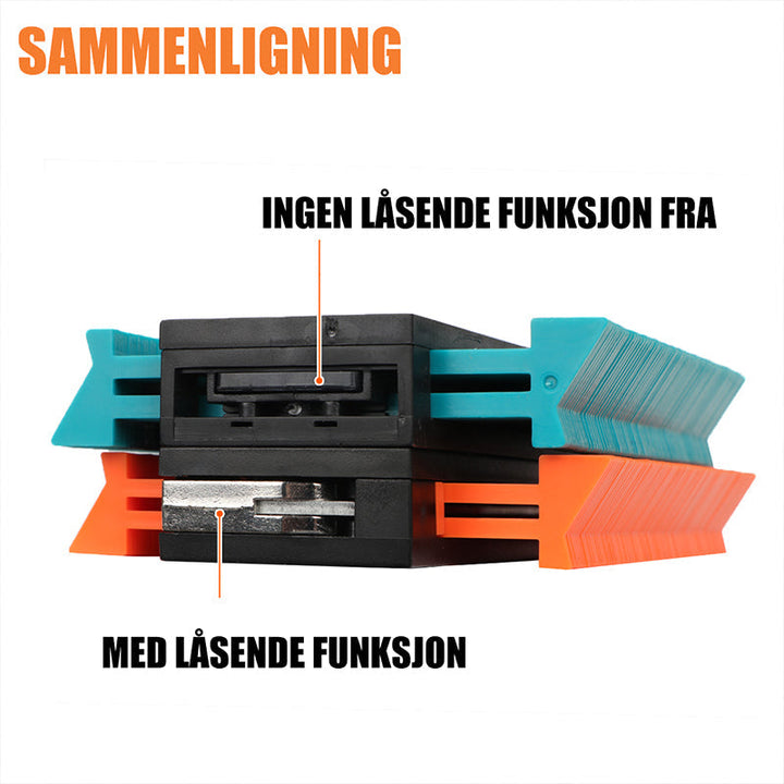 En person bruker profilmåleren for å markere en flis for presis kutting og montering. (77 tegn)
