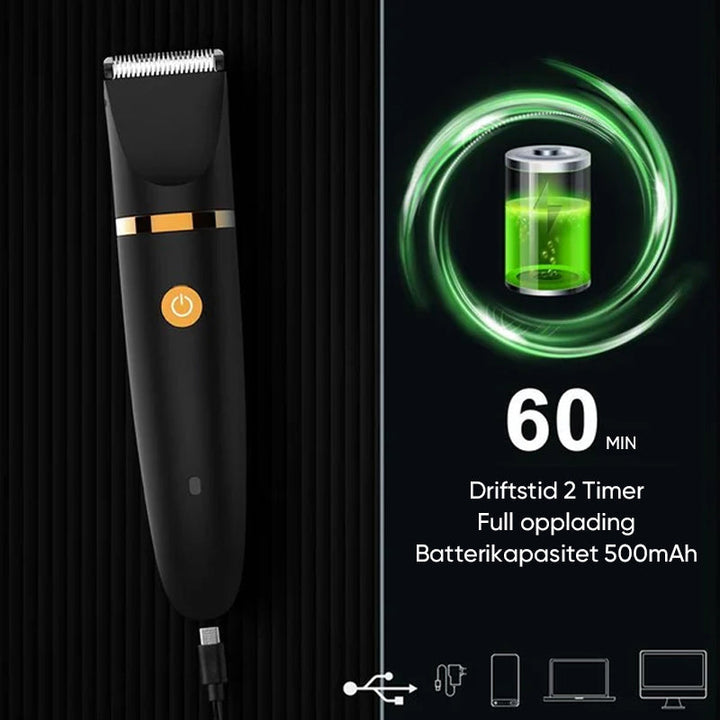Herrepleie sett: elektrisk kroppshårstrimmer med keramisk blad og oppladbar.