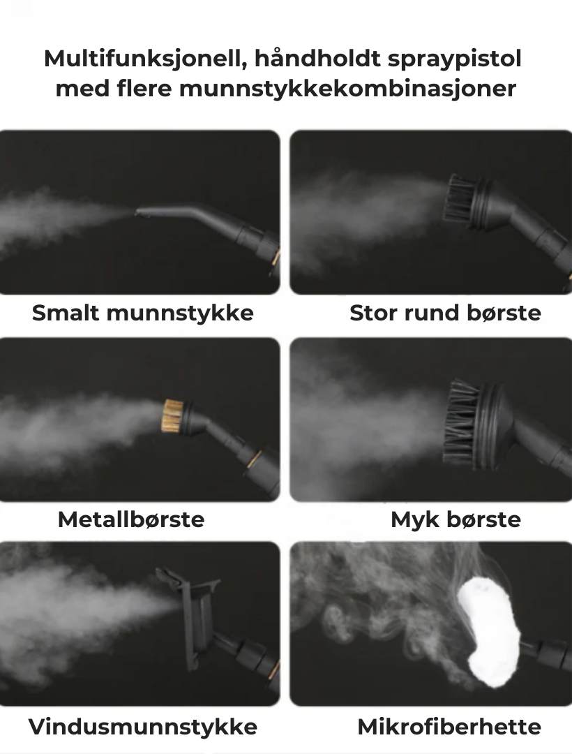 Dampvasker med diverse munnstykker og børster for allsidig rengjøring hjem, bil, båt.
