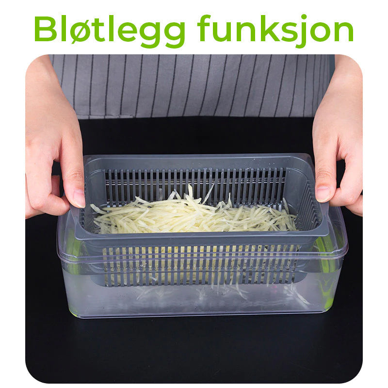 Visning av den kompakte mathakkeren med beholder, klar til bruk for daglig matlaging.