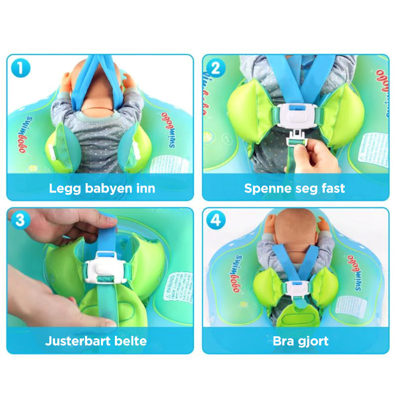 Baby svømmeflåte med solskjerm og komfortabelt sete, perfekt for vanntilvenning og moro.