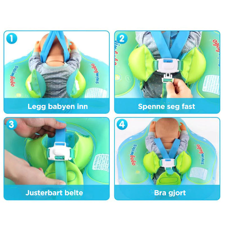 Baby svømmeflåte med solskjerm og komfortabelt sete, perfekt for vanntilvenning og moro.