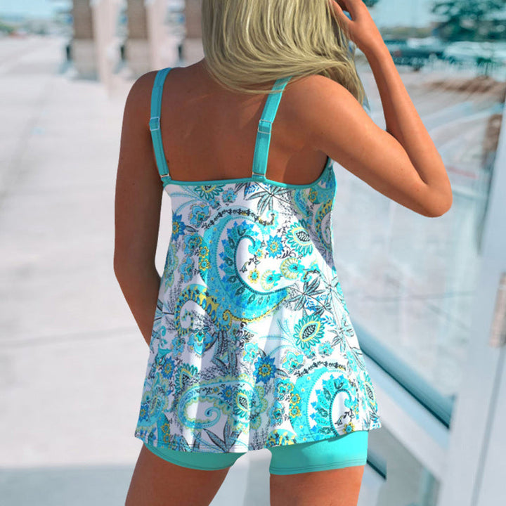 Polstret blomstret tankini topp og høy midje truse. Trendy kvinneklær og badetøy.