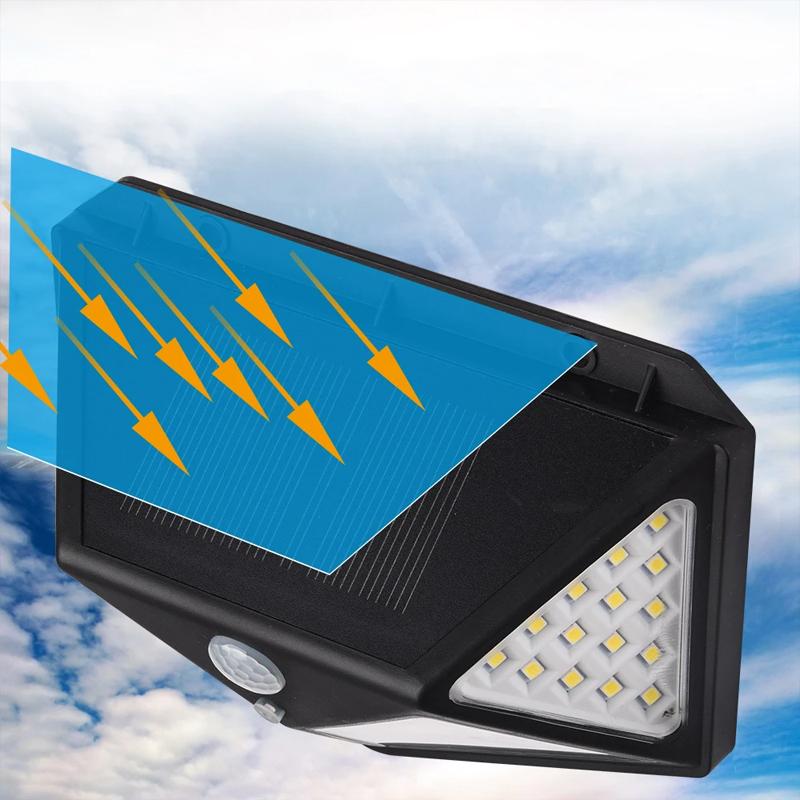 Vanntett solcelle vegglampe med 100 LED-lys og bevegelsessensor for hage og inngangsparti.