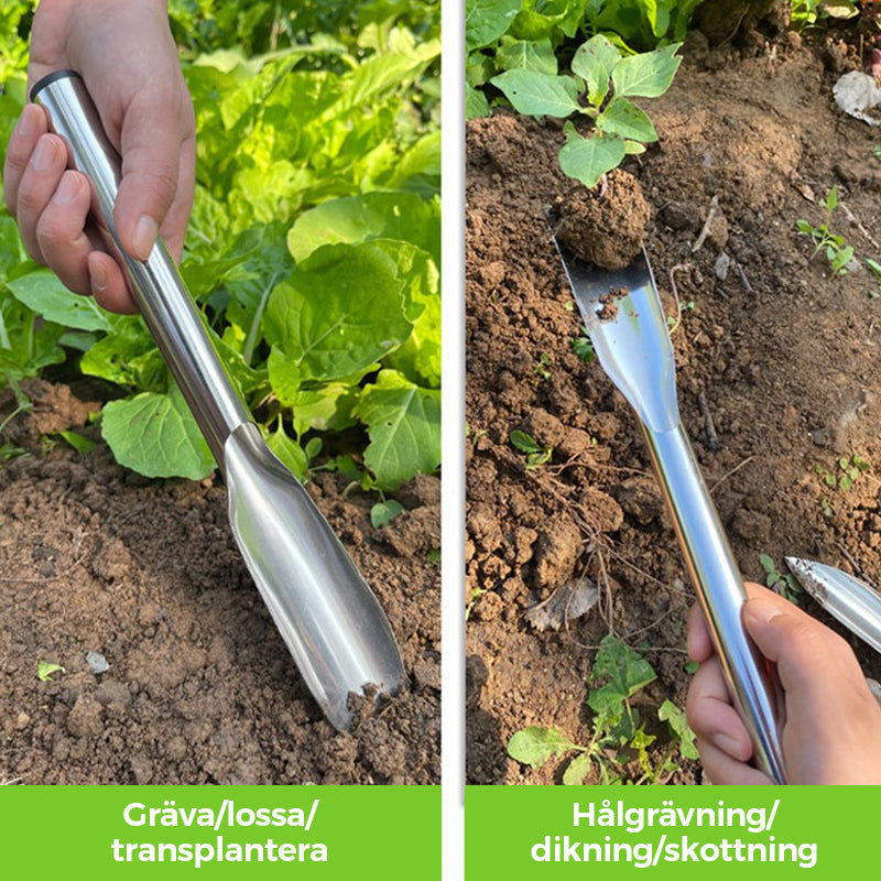 Allsidig håndspade i rustfritt stål for både hage, camping og friluftsliv.