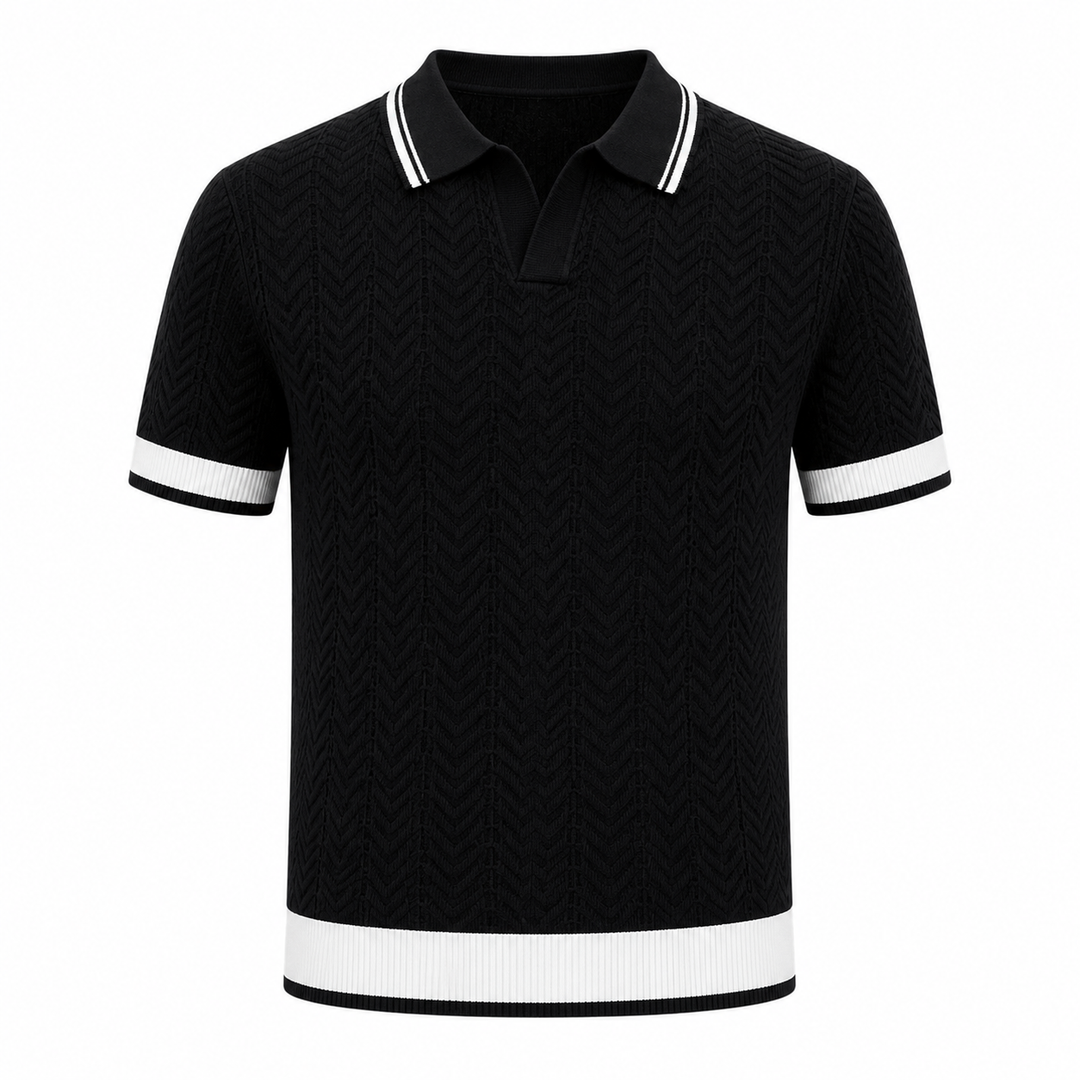 Komfortabel strikket herrepolo med korte ermer. Allsidig business casual skjorte i moderne color block.