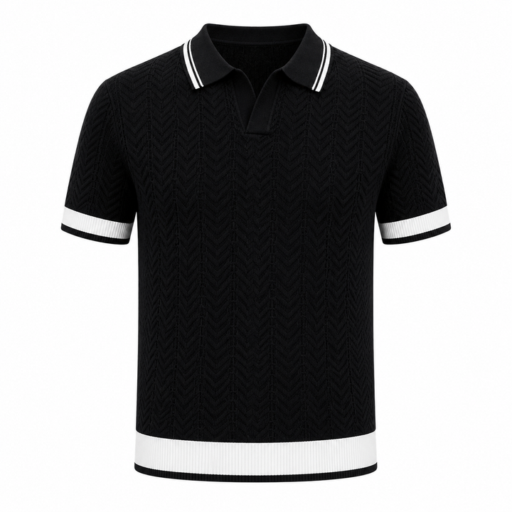 Komfortabel strikket herrepolo med korte ermer. Allsidig business casual skjorte i moderne color block.