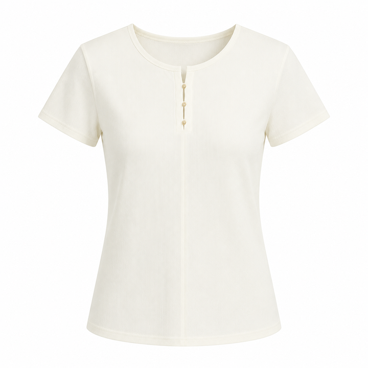 Komfortabel dame sommertopp med kortermet design, cut-out og perleknapper for en feminin stil.