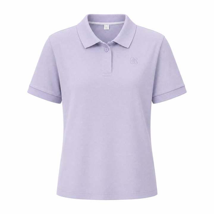 Beige dame polo skjorte med asymmetrisk kant og krage. Ideell for komfortabel hverdag og kontorstil.