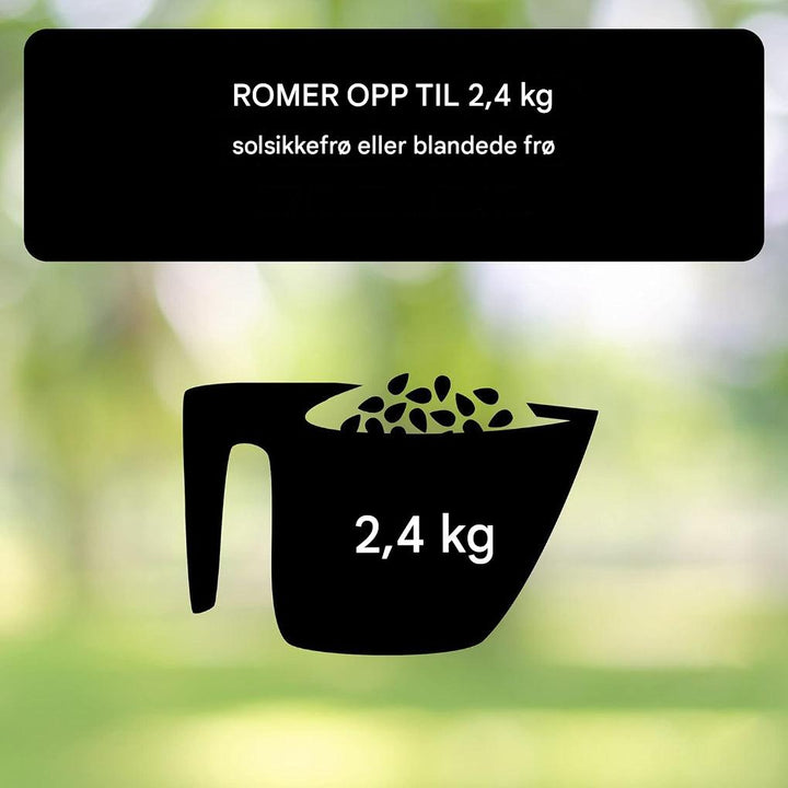 Fuglemateren med nettingbeskyttelse. Effektiv mot ekorn, trygg for småfugler.