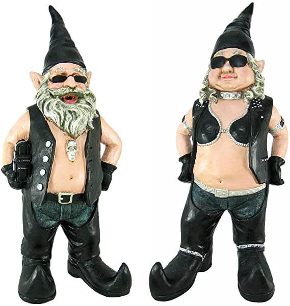 Hagegnom mann på motorsykkel, detaljert figur i resin. Perfekt hagepynt eller innendørs dekorasjon.