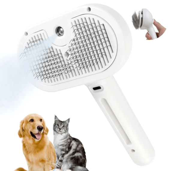Kjæledyrbørste med fuktig dusjtåke for effektiv pelsstell, hårfjerning og myk hud for hund og katt.