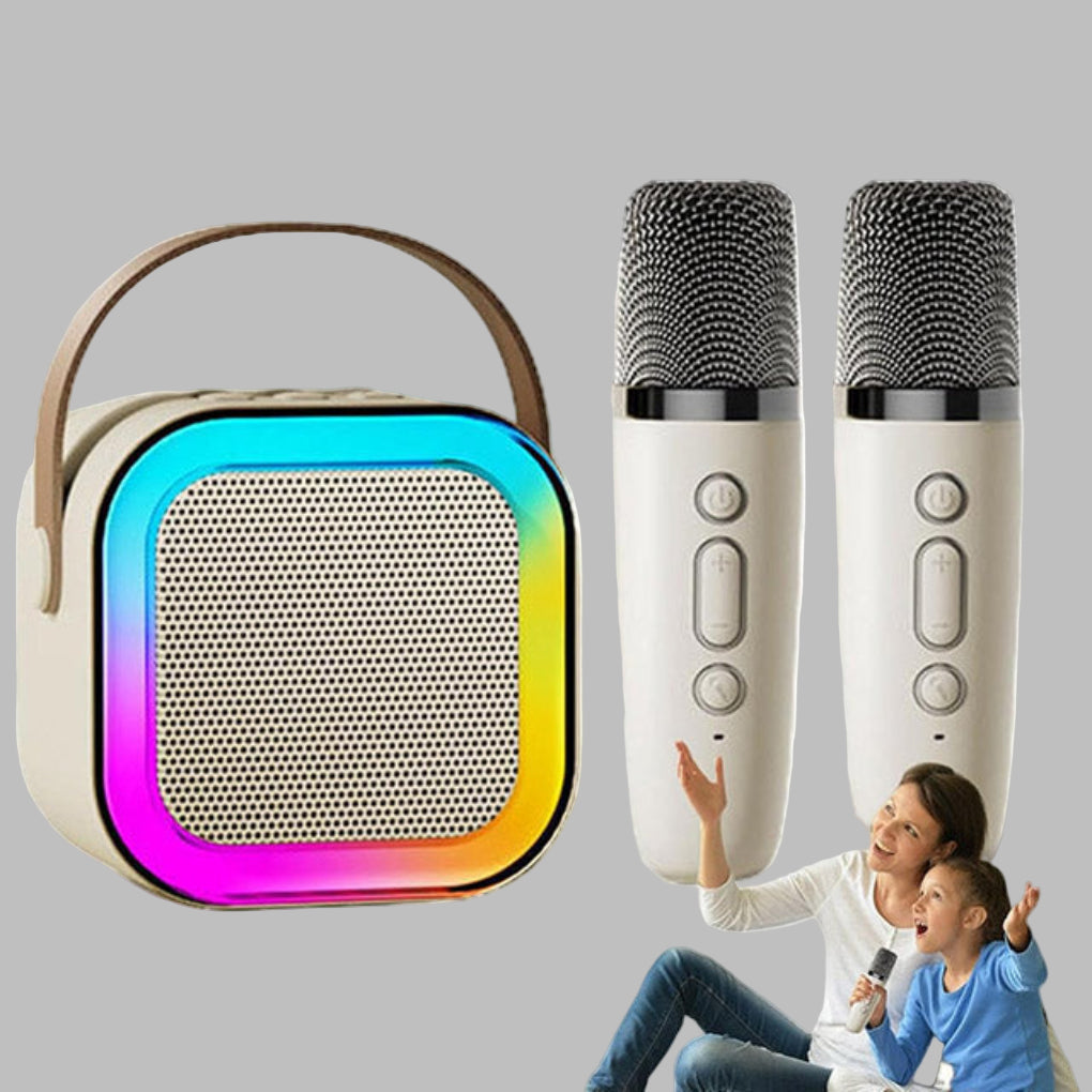 Kompakt Bluetooth karaokemaskin med to trådløse mikrofoner og dynamisk LED-lys, perfekt for party.