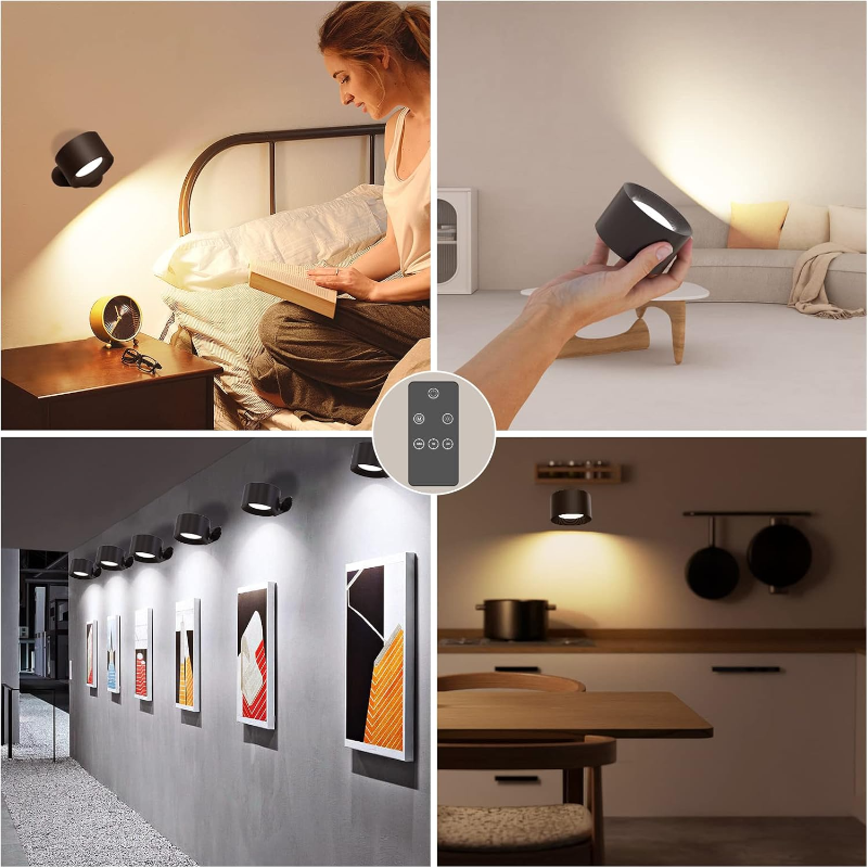 Allsidig LED vegglampe for soverom eller stue, roterende, trådløs og oppladbar med stemningslys.