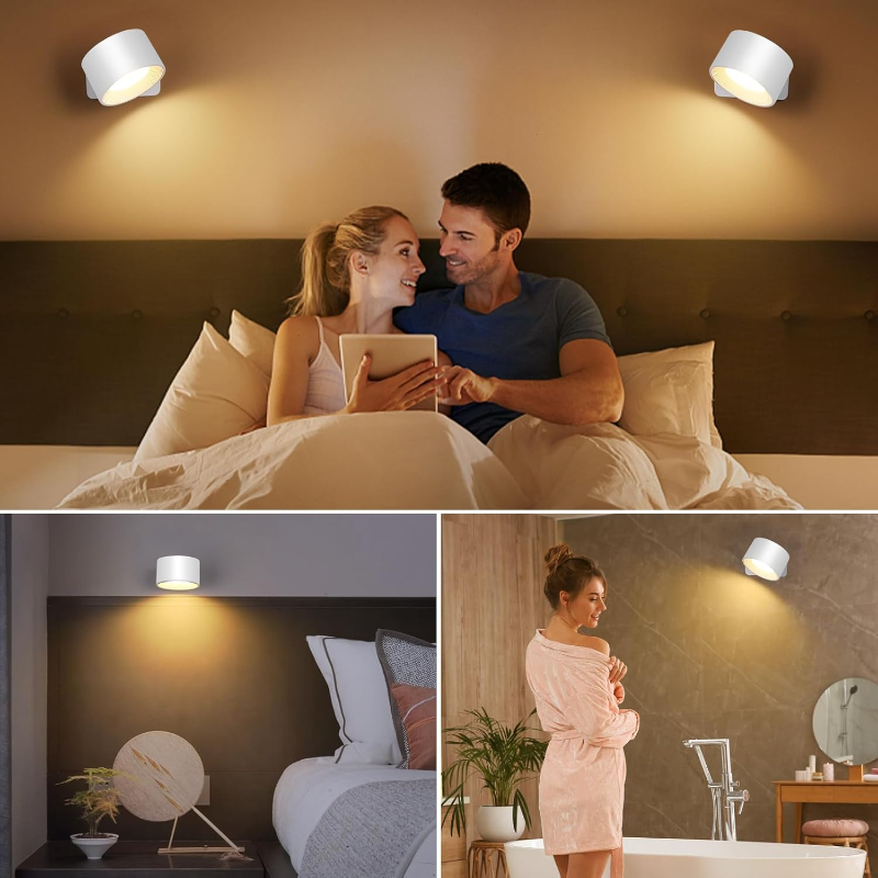 Moderne roterende trådløs LED vegglampe for interiør, oppladbar med berøringskontroll og dimbart lys.