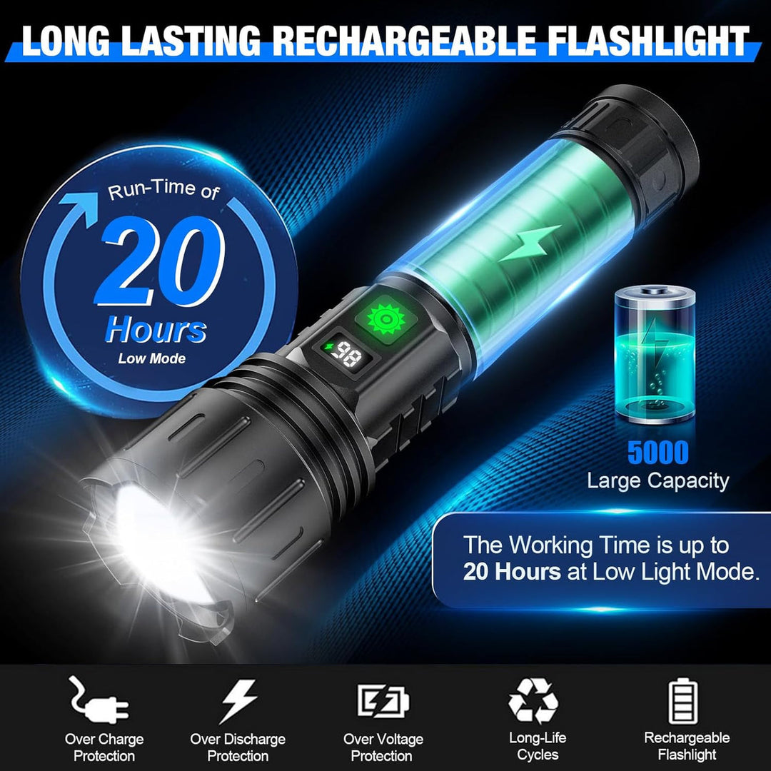 Kraftig 100 000 lumen LED-lommelykt i aluminium. Oppladbar, vanntett og zoom-funksjon for utendørs bruk, camping.