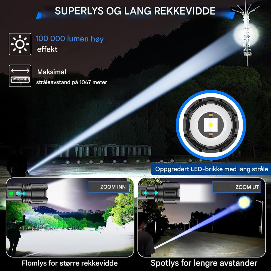 Profesjonell lommelykt 100 000 lumen, ideell for jakt i mørketid. Oppladbar og værbestandig design.