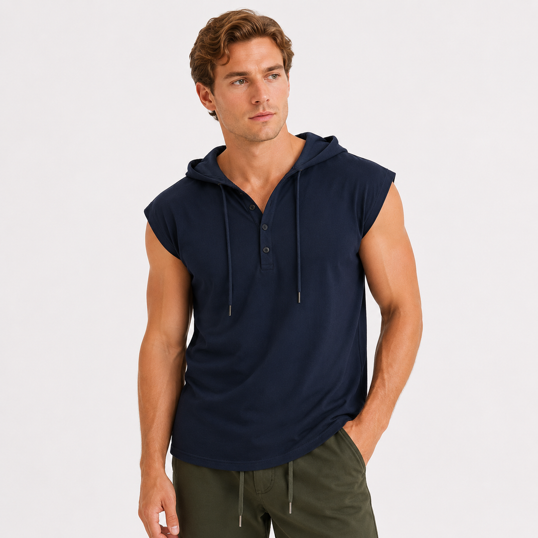 Moderne herre hettevest – en ermeløs sporty tanktopp for en aktiv livsstil. Ideell for trening og fritid.