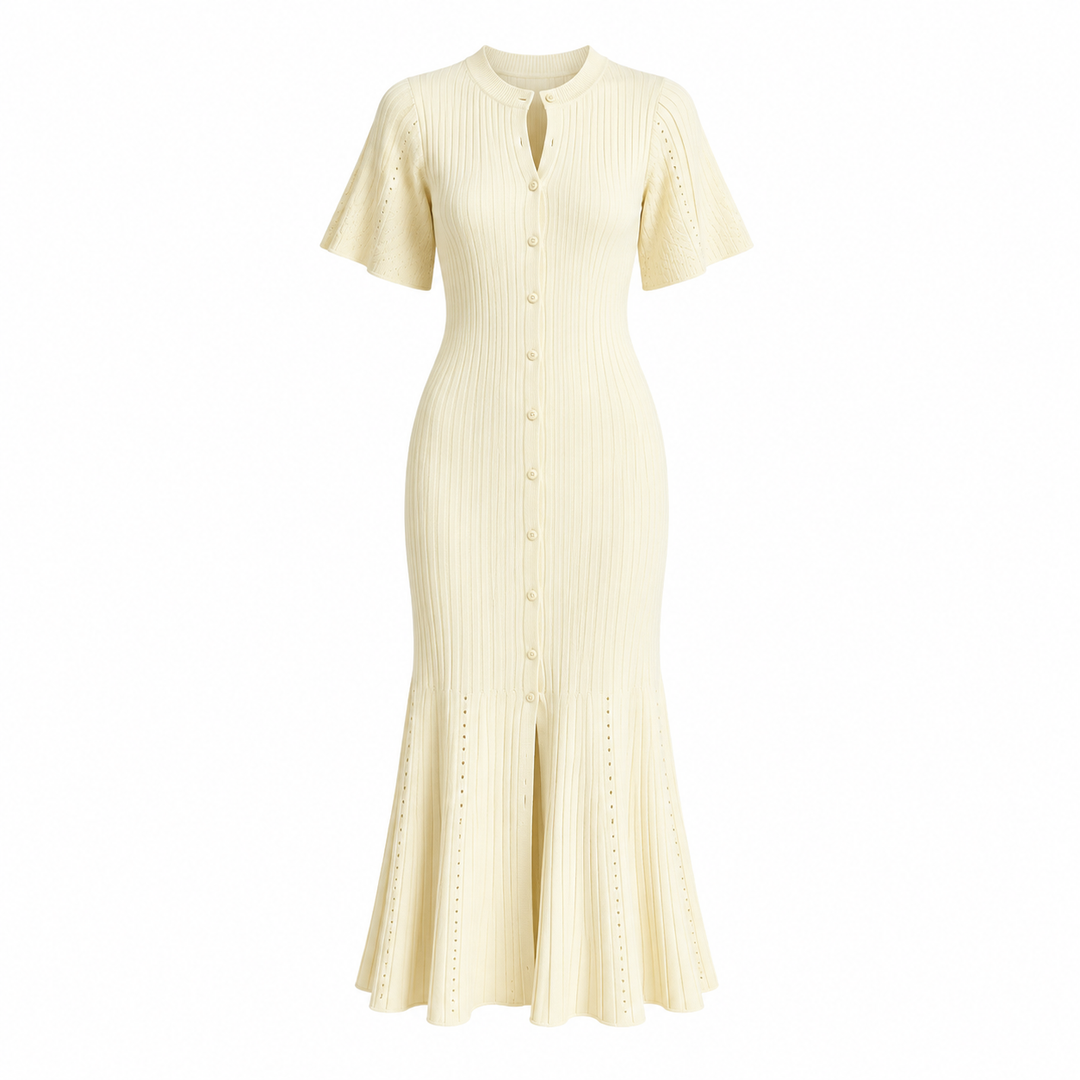 Komfortabel strikket maxikjole til dame. Elegant lang kjole med plissering, ideell som stilfull sommer- og festkjole.