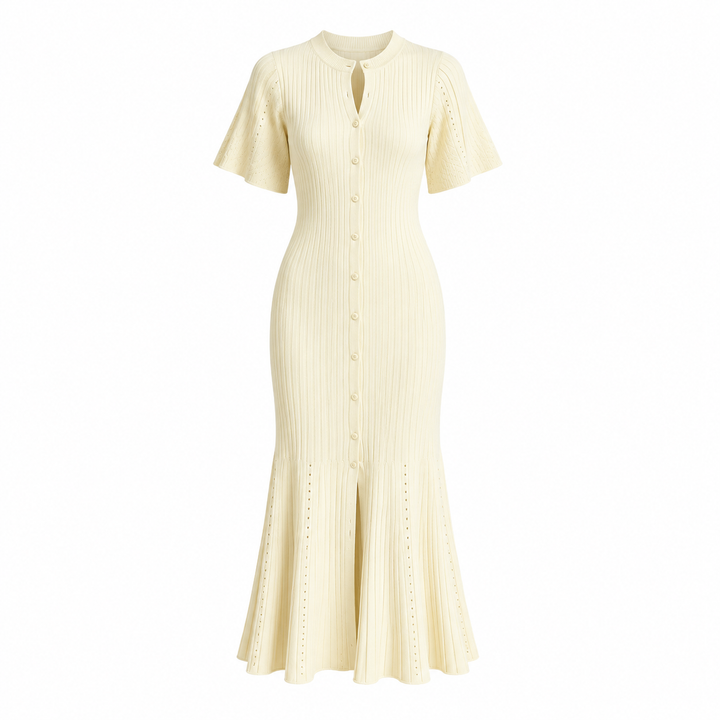 Komfortabel strikket maxikjole til dame. Elegant lang kjole med plissering, ideell som stilfull sommer- og festkjole.