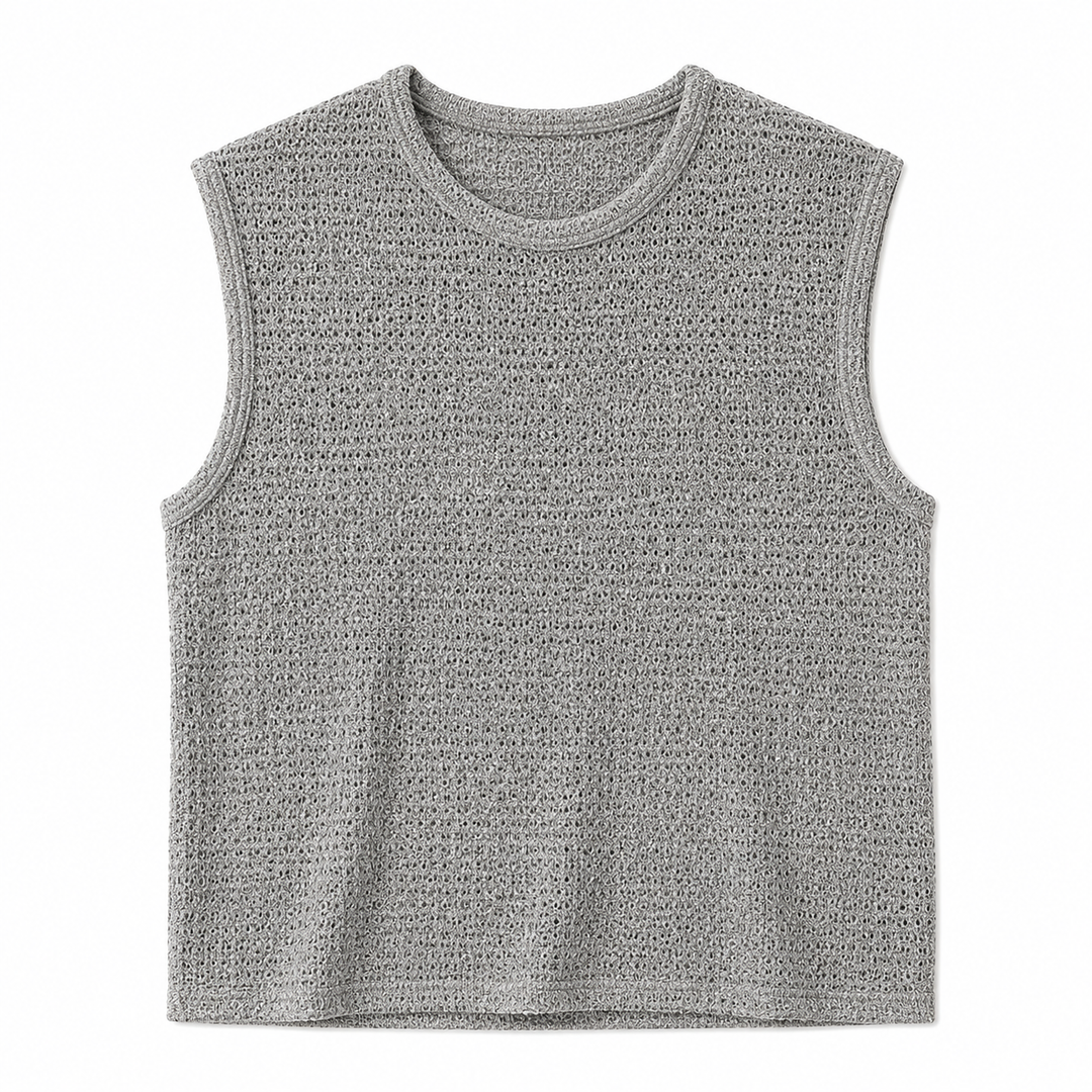 Behagelig og pustende herre tanktopp i strikket design, ideell for sommermote i grå eller svart.