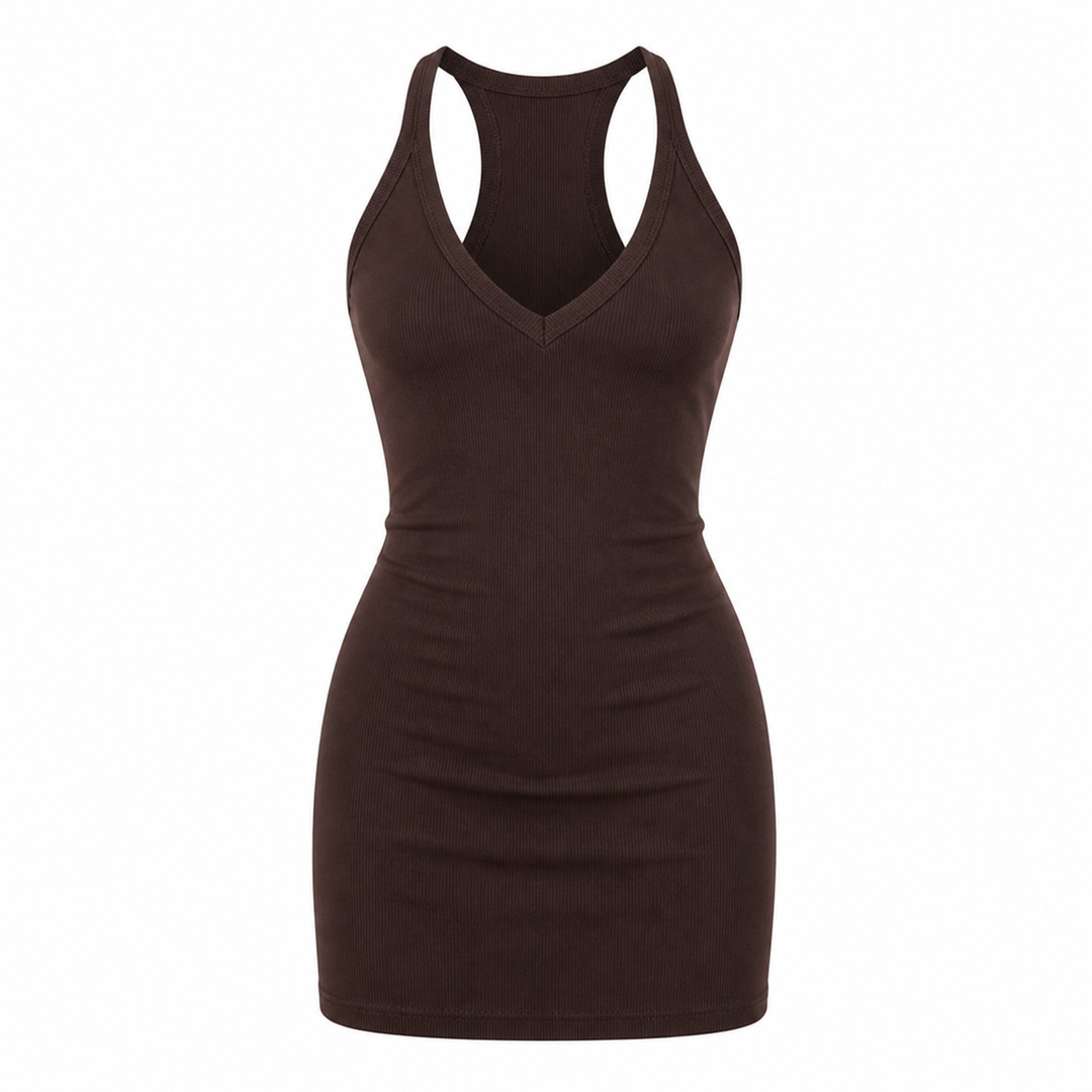Brun bodycon damekjole med dyp V-hals og tettsittende passform, trendy Y2K stil.