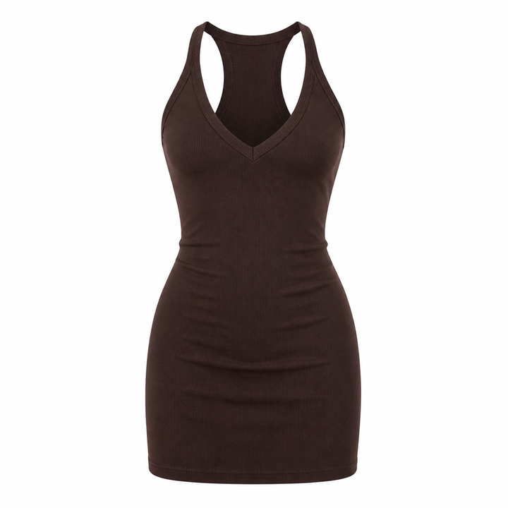 Brun bodycon damekjole med dyp V-hals og tettsittende passform, trendy Y2K stil.