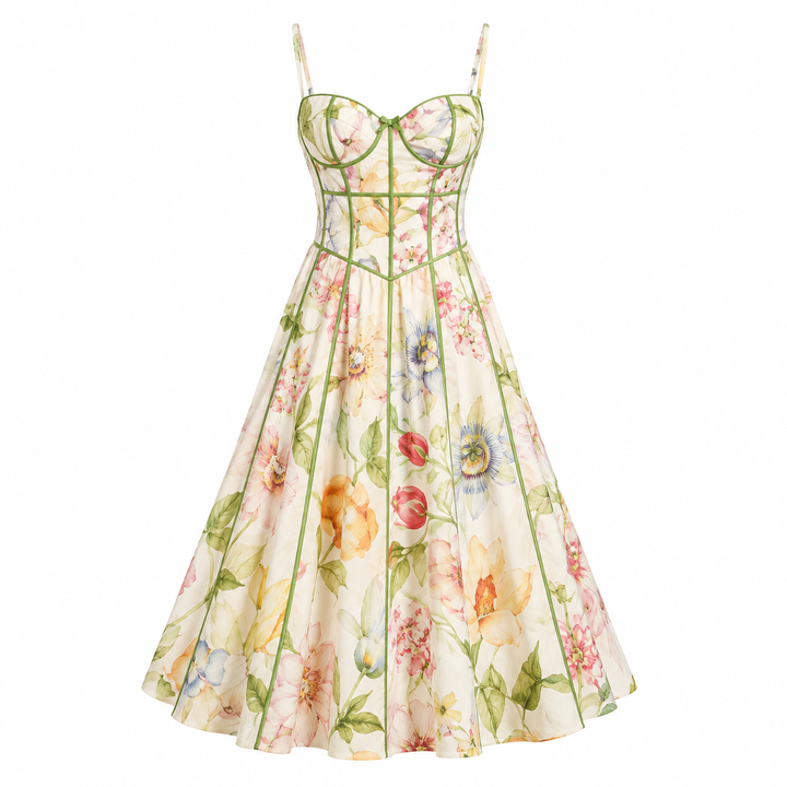 Dame mønstret halterneck kjole i A-line design. En lett og elegant sommerkjole for varme dager.