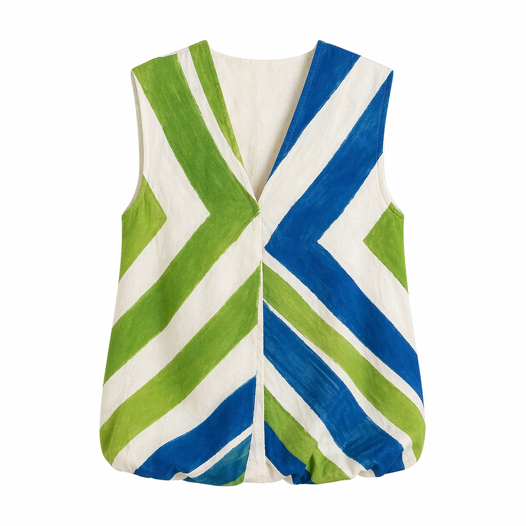 Elegant stripet dame singlet med V-hals. Moderne sommer topp i kontrastfarger, perfekt for en uformell look.