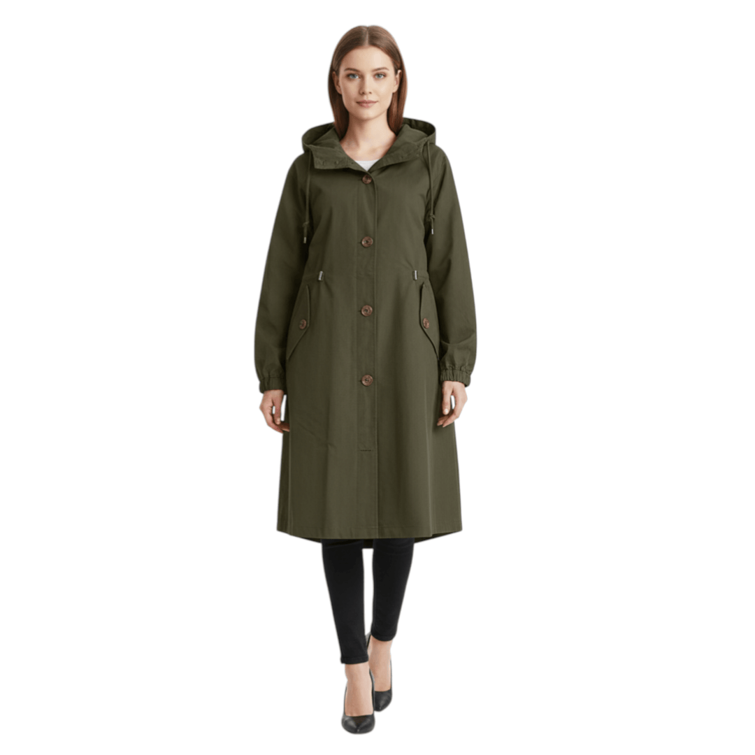 Kvinners vanntett trenchcoat med hette. Stilfull lang regnjakke for vår og høst, perfekt for urban mote.