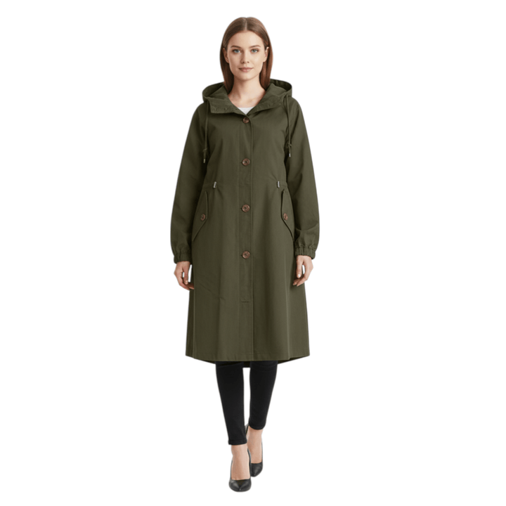 Kvinners vanntett trenchcoat med hette. Stilfull lang regnjakke for vår og høst, perfekt for urban mote.