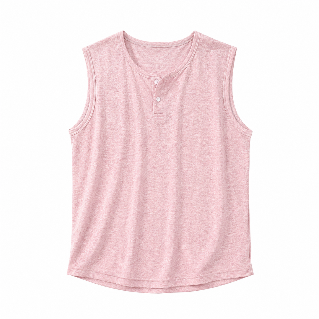 Casual rosa ermeløs topp for menn. Stilren herre t-skjorte i koreansk minimalistisk gateklær-stil for sommeren.