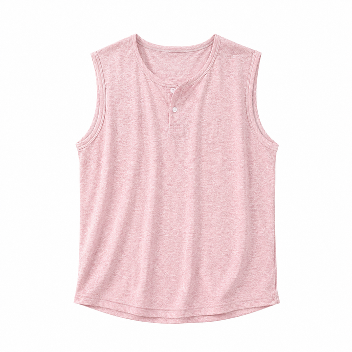 Casual rosa ermeløs topp for menn. Stilren herre t-skjorte i koreansk minimalistisk gateklær-stil for sommeren.