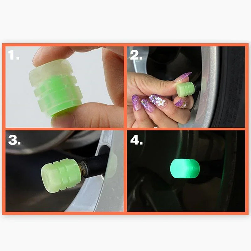 Dekkventilkapper med fluorescerende effekt, ideelt for bilentusiaster og nattkjøring. Bildekor.