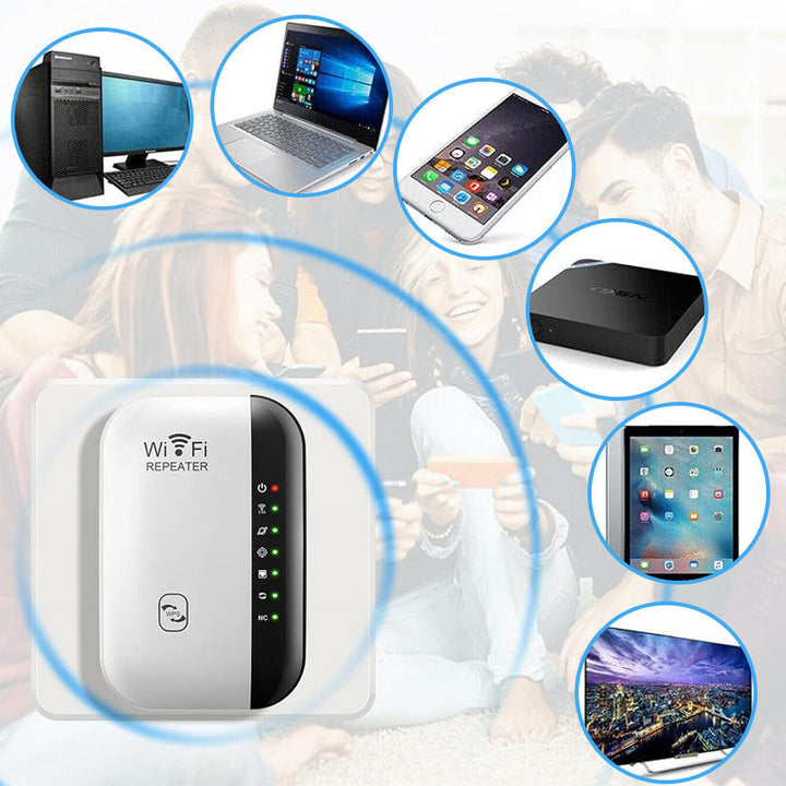 Hvit WiFi-repeater med EU-plugg. Gir utvidet og stabil dekning for raskt internett, perfekt for smarthjem.