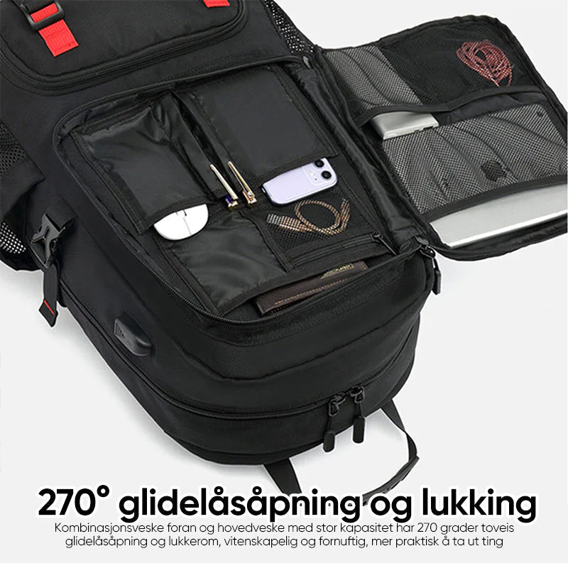 Svart vanntett ryggsekk, ideell for dagstur og pendling, med dedikert laptop-lomme.