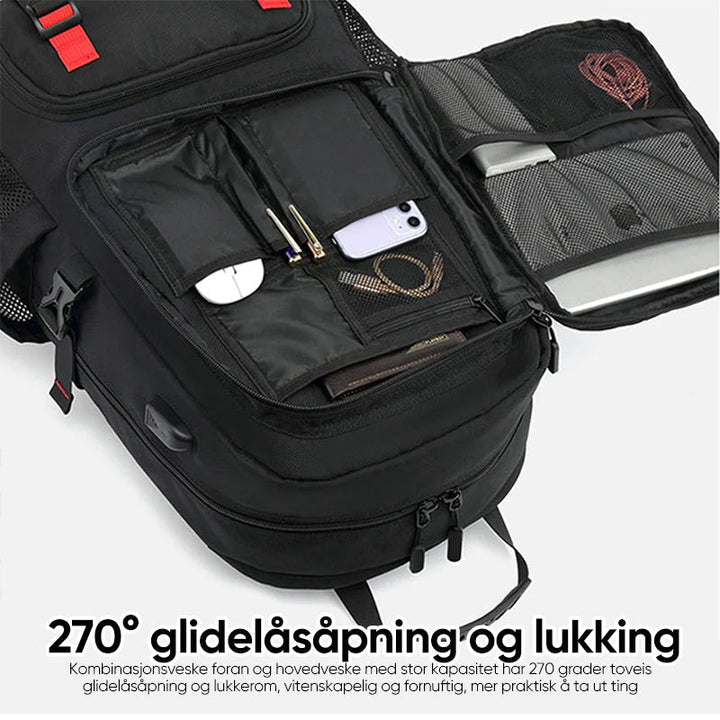 Svart vanntett ryggsekk, ideell for dagstur og pendling, med dedikert laptop-lomme.