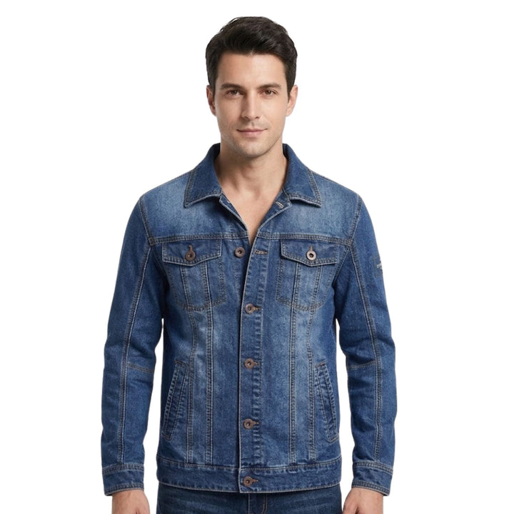 Blå herre denimjakke i moderne stil, perfekt for hverdagsbruk og en trendy look.