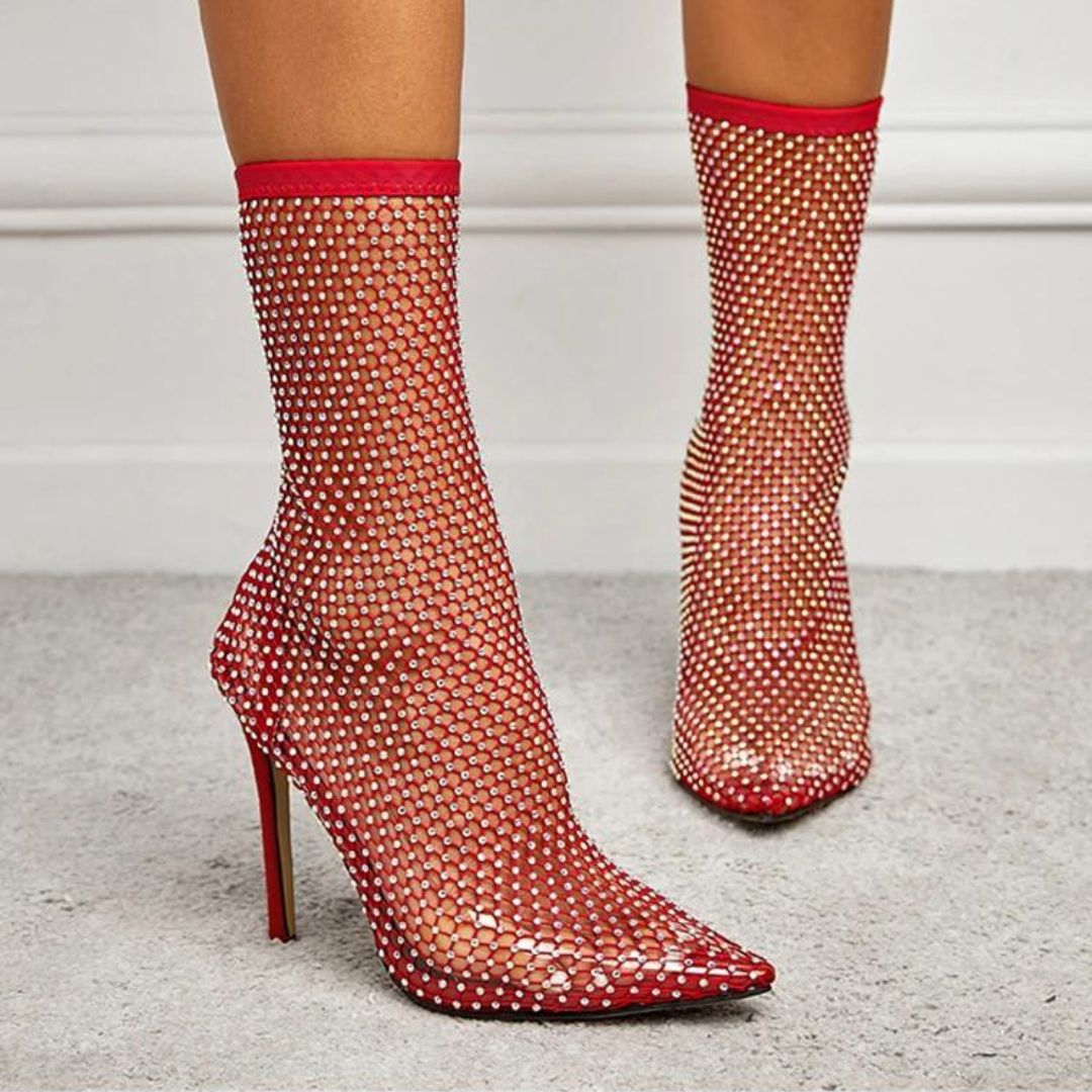 Elegant festsko for damer: Netting ankelstøvler med rhinestones, en sofistikert hælsko med motepreg.