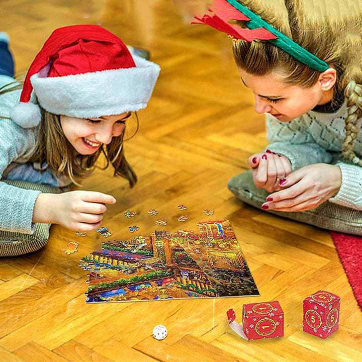 Nærbilde av en detaljert puslespillbit fra Julepuslespill Adventskalender. Kvalitetsleker.