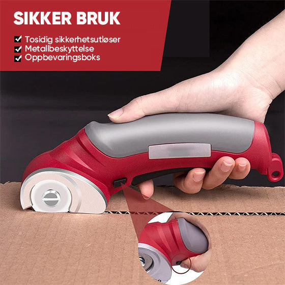 Elektrisk stoffkutter i bruk, skjærer presist gjennom tekstil. Effektivt håndverktøy for søm og DIY.