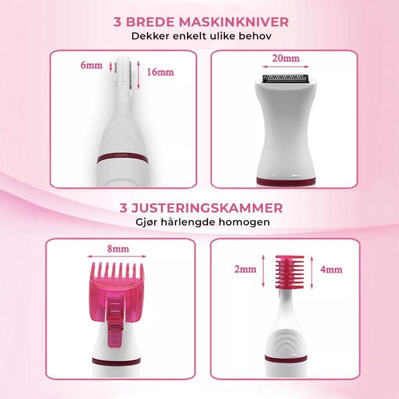 Elegant 5-i-1 oppladbar epilator, designet for effektiv hårfjerning og skjønnhet i alle områder.