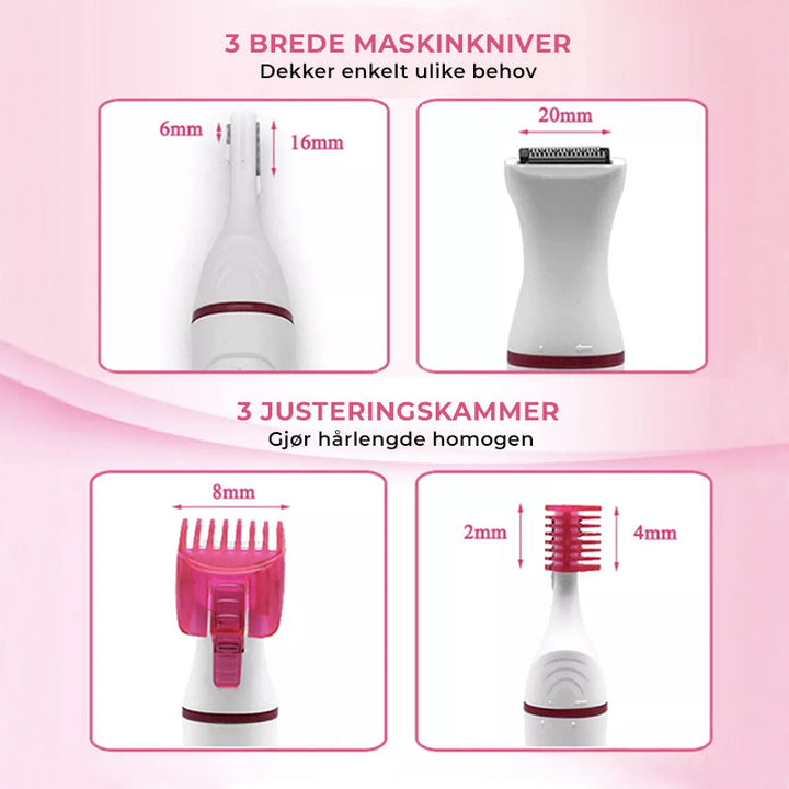 Elegant 5-i-1 oppladbar epilator, designet for effektiv hårfjerning og skjønnhet i alle områder.