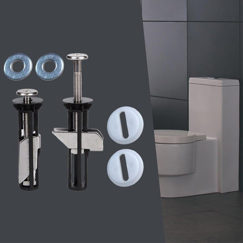Sett med universale toalettsetefesteskruer i plast og stål, robust design for enkel montering.