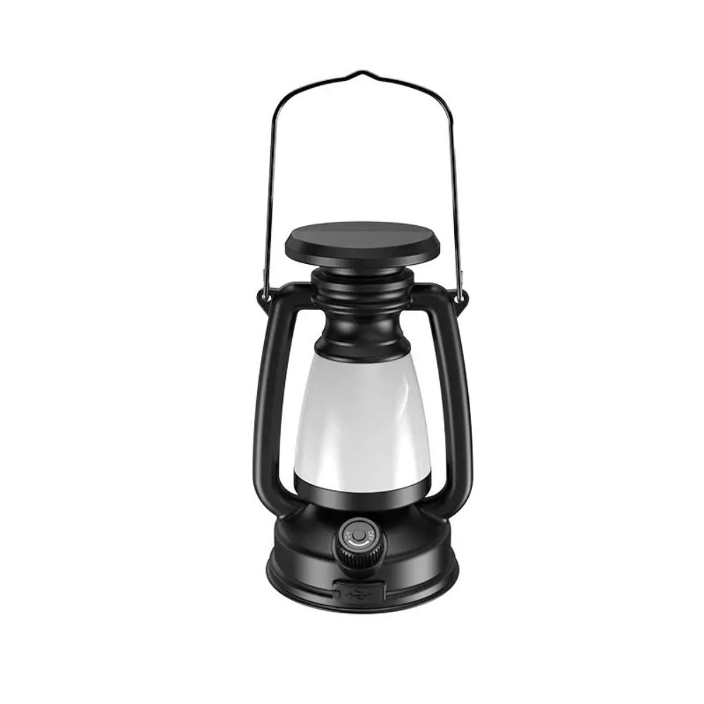 Praktisk oppladbar lanterne for camping, med integrert solcelle og USB-ladefunksjon.
