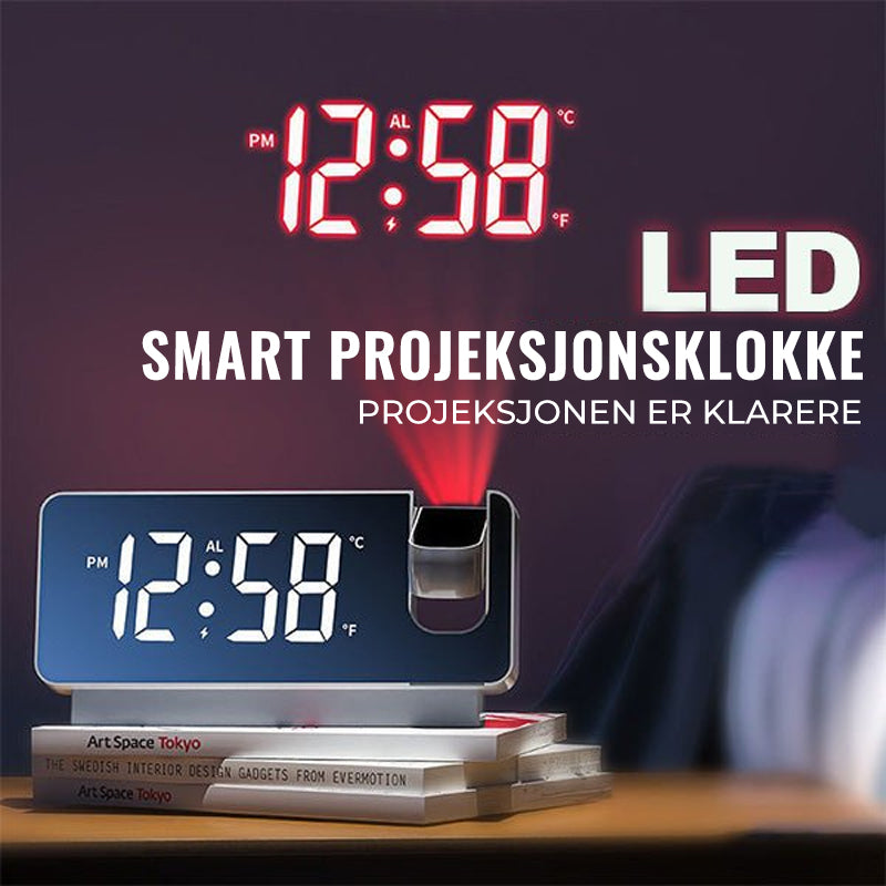 Avansert digital vekkerklokke med projeksjon, dobbel alarm, USB-lading og stor display.