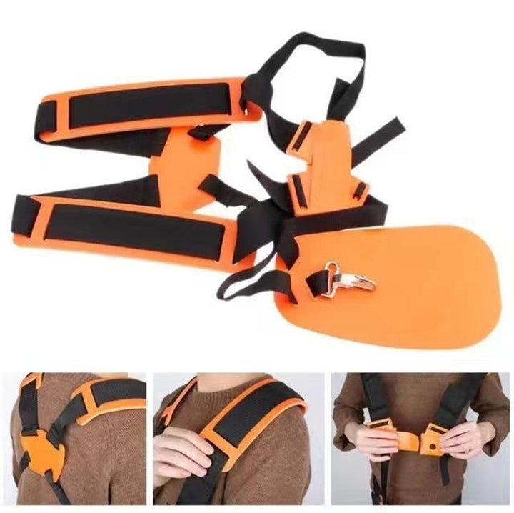 Forbedret arbeidskomfort med universell trimmer skulderstropp; orange polstring for lengre økter i hagen.