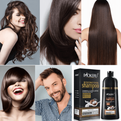 Mann bruker unisex kokosolje hårfargesjampo. Naturlig farge og styrke for håret med glans.